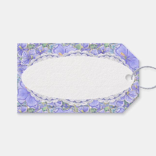 Étiquettes-cadeau Hibiscus & dentelle BLEU (Devant (Horizontal))