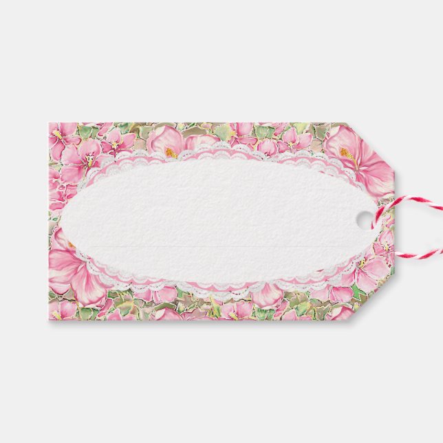 Étiquettes-cadeau Hibiscus & dentelle PINK (Devant (Horizontal))
