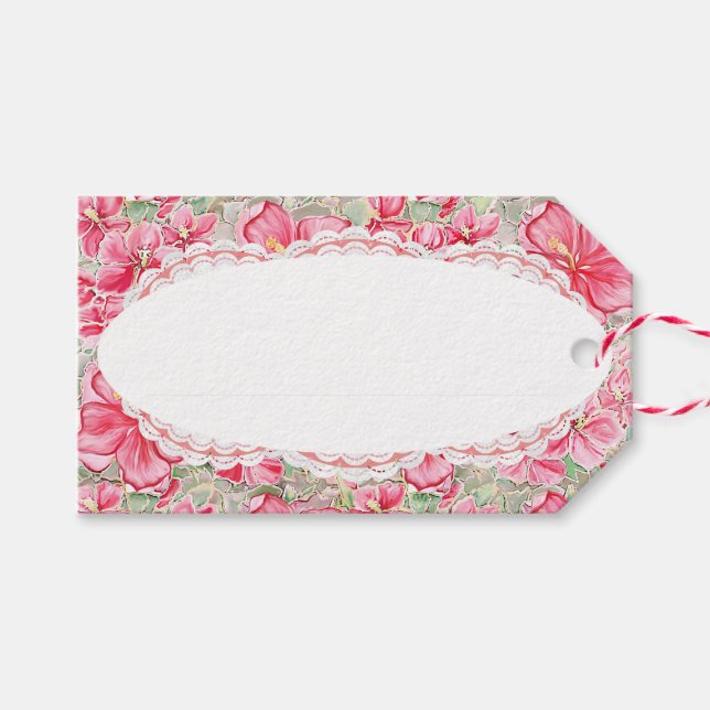 Étiquettes-cadeau Hibiscus & dentelle RED (Devant (Horizontal))