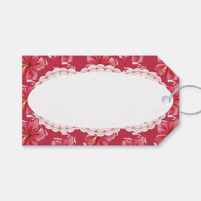 Étiquettes-cadeau Hibiscus & dentelle RED (Devant (Horizontal))