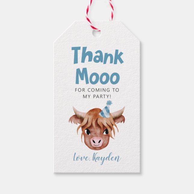 Étiquettes-cadeau Highland Cow Blue Anniversaire Favoriser (Devant)