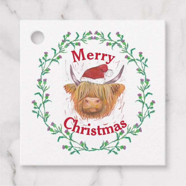 Étiquettes Cadeau Highland Cow Casquette Thistler Wreath Joyeux Noël (Devant)
