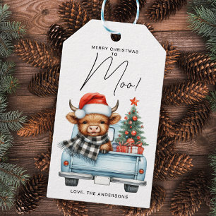 Étiquettes-cadeau Highland Cow Vintage Blue Truck Joyeux Noël