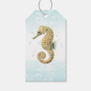 Étiquettes-cadeau Hippocampe sarcelle et or aquarelle plage côtière