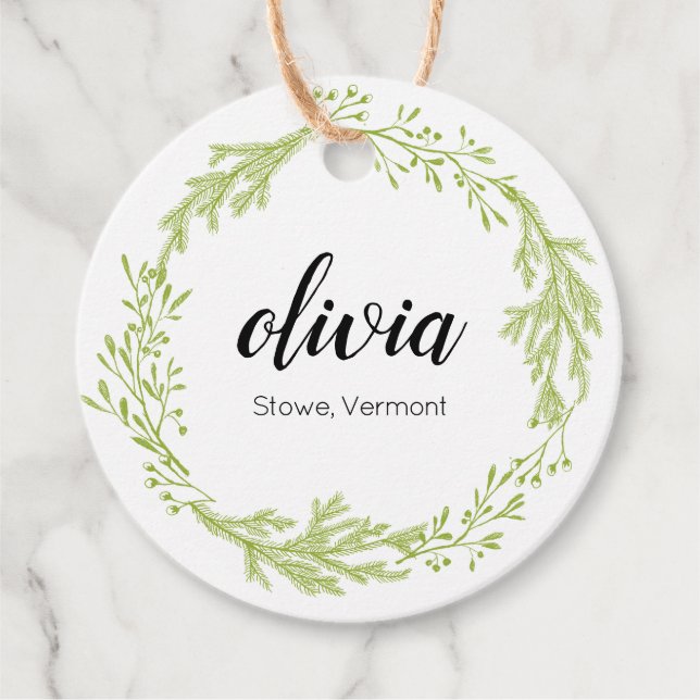 Étiquettes Cadeau Hiver À feuillage persistant Wreath Script Prix de (Devant)