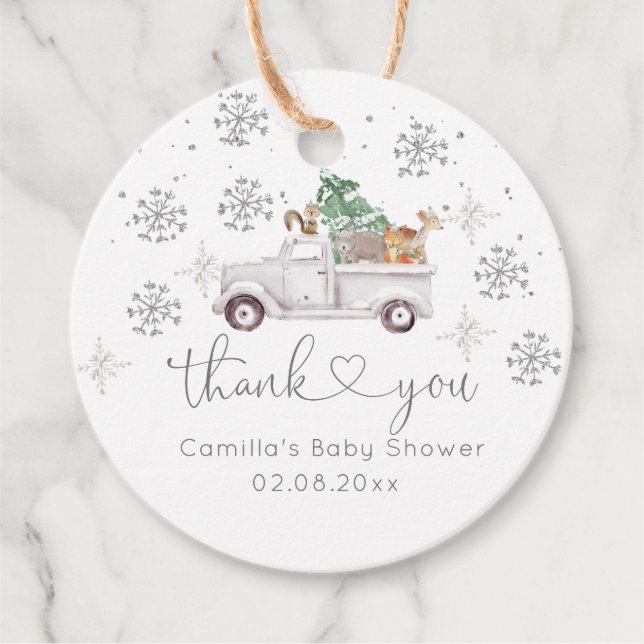 Étiquettes Cadeau Hiver Blanc Floral Baby shower forestier (Devant)