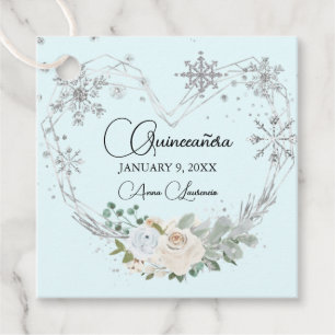 Étiquettes Cadeau Hiver Floral Coeur Bleu clair Silver Quinceanera