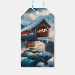 Étiquettes-cadeau Hiver, pont enneigé et rivière