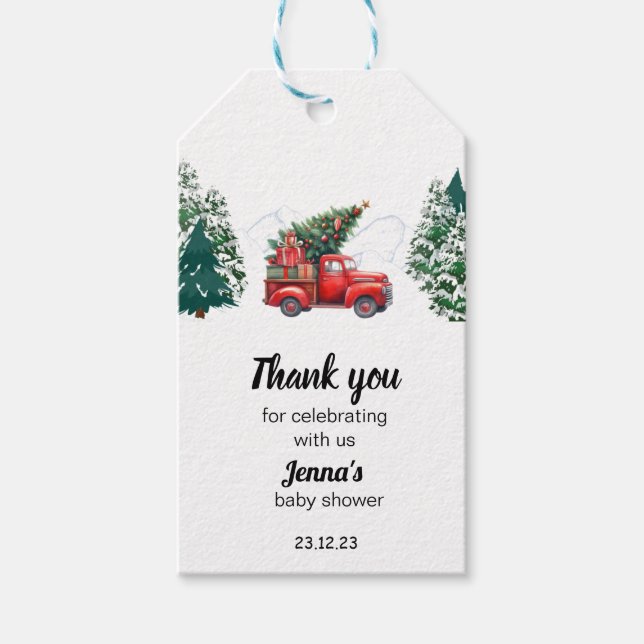 Étiquettes-cadeau Hiver Truck Forest Wonderland Baby shower Merci (Devant)