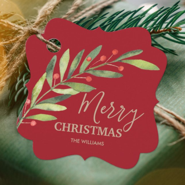 Étiquettes Cadeau Holly and Berries on Red Merry Christmas Bracket (Greenery branch and berries Merry Christmas red gift/favor tags personalized with your names)