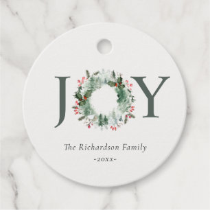 Étiquettes Cadeau Holly Berries Pine Tree Joie Noël Wreath