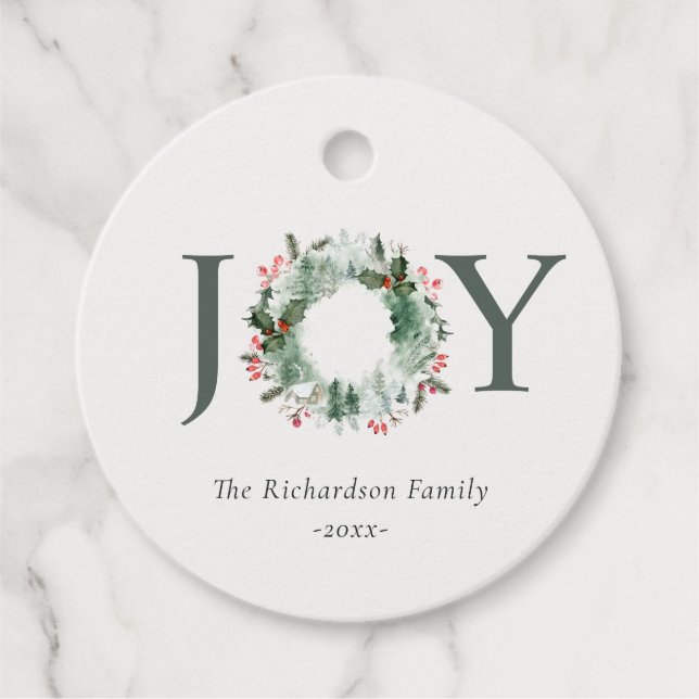 Étiquettes Cadeau Holly Berries Pine Tree Joie Noël Wreath (Devant)
