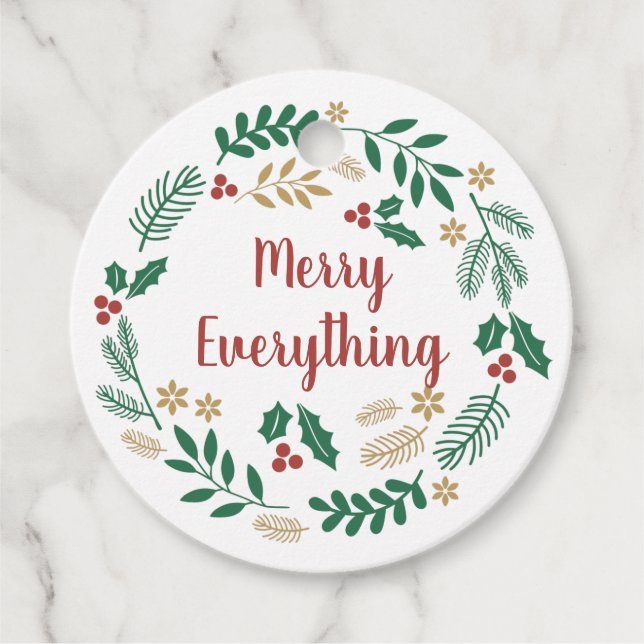 Étiquettes Cadeau Holly Berry Pine Wreath Joyeux Tout Vacances (Devant)