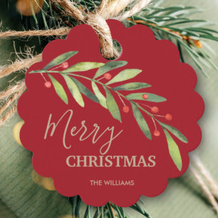 Étiquettes Cadeau Holly et Berries sur Red Merry Christmas Scallop