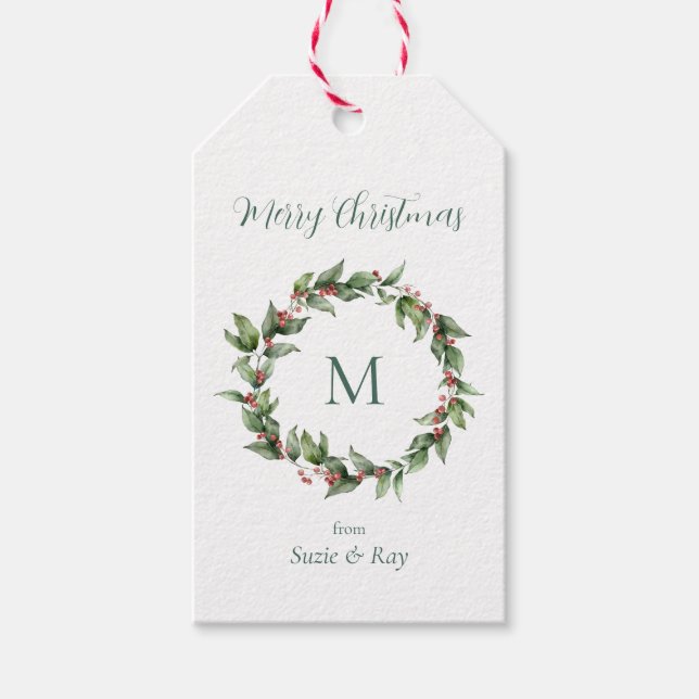 Étiquettes-cadeau Holly Wreath Monogramme Noël (Devant)