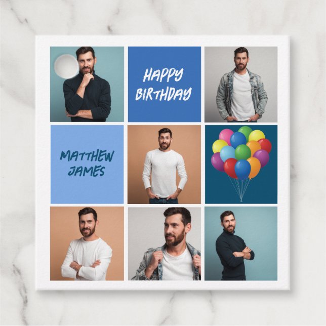 Étiquettes Cadeau Hommes Photo Collage personnalisé bleu fête d'anni (Devant)
