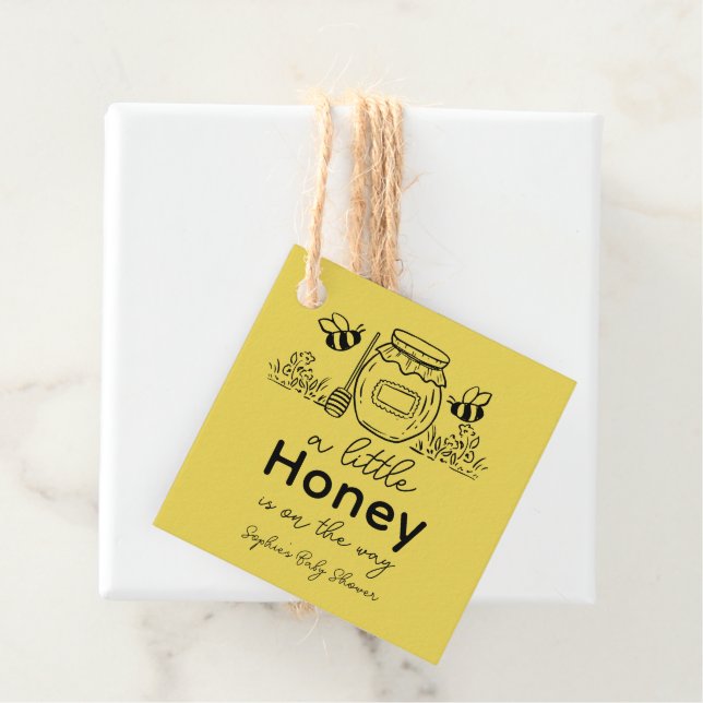 Étiquettes Cadeau Honey Hand-drawn Jar & Bees Yellow Baby Shower (En situation)
