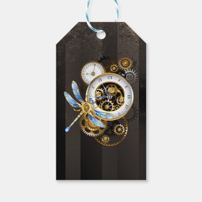 Étiquettes-cadeau Horloge à vapeur avec libellule mécanique (Devant)