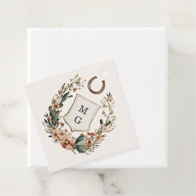 Étiquettes Cadeau Horseshoe Cactus Western Country Crest Wedding  (En situation)