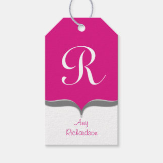 Étiquettes-cadeau Hot Rose White Grey Monogramme Nom Tags cadeaux