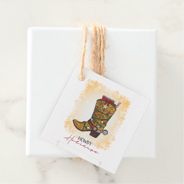 Étiquettes Cadeau Howdays Christmas Lights Cowboy Boot (En situation)