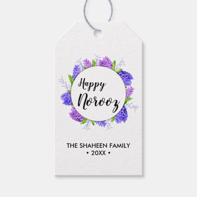 Étiquettes-cadeau Hyacinth Purple Wreath Joyeux Norooz Nouvel An (Devant)