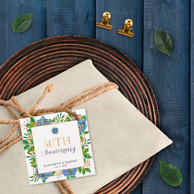 Étiquettes Cadeau Hydrangea Bleu Doré 60e Anniversaire de Mariage (Créateur téléchargé)