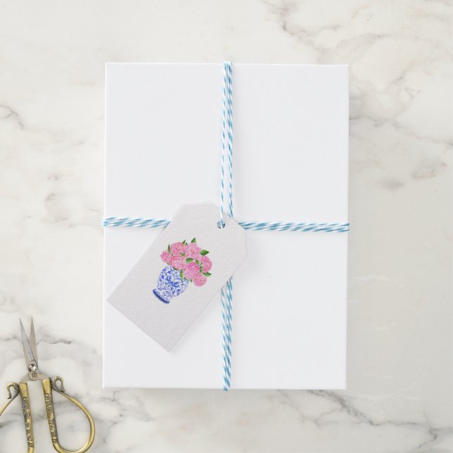 Étiquettes-cadeau Hydrangea Rose Clair Aquarelle Chinoiserie Nom (Avec de laficelle)
