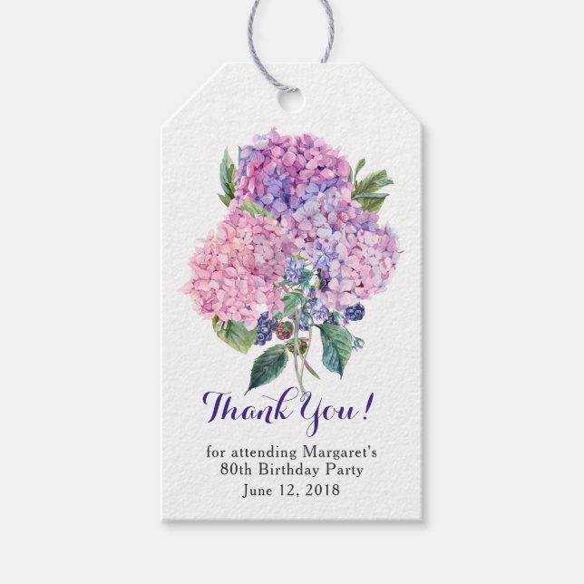 Étiquettes-cadeau Hydrangea rose Floral 80e anniversaire Merci (Devant)