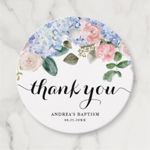 Étiquettes Cadeau Hydrangée bleue et rose Merci Baptême rose
