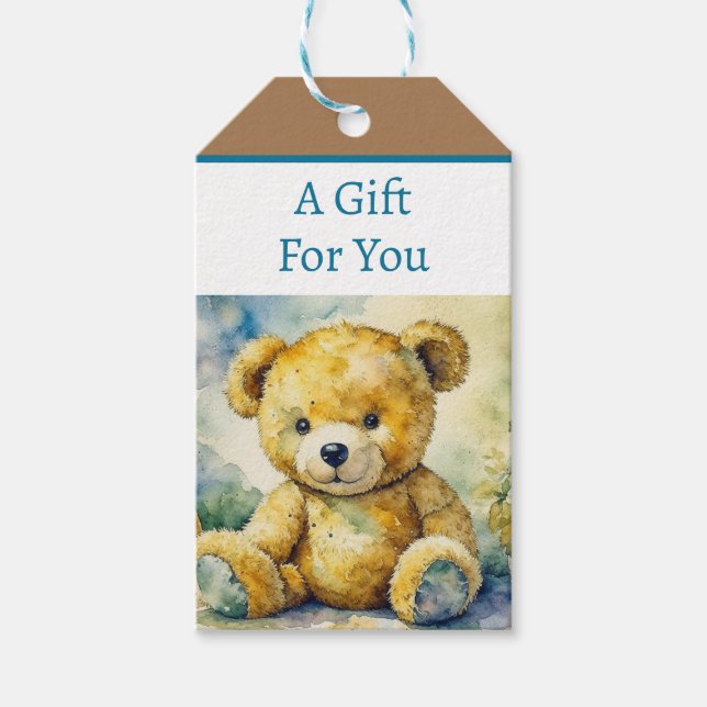 Étiquettes-cadeau Illustration aquarelle Baby shower Ours en peluche (Devant)