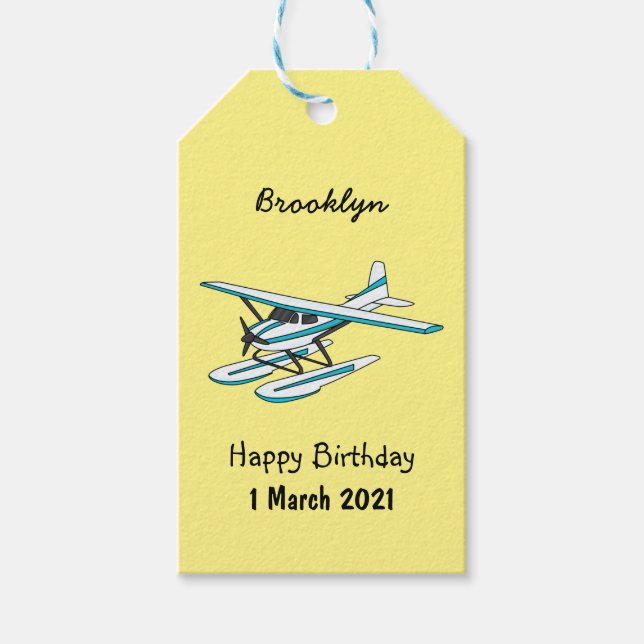 Étiquettes-cadeau Illustration d'hydravion bleu blanc (Devant)