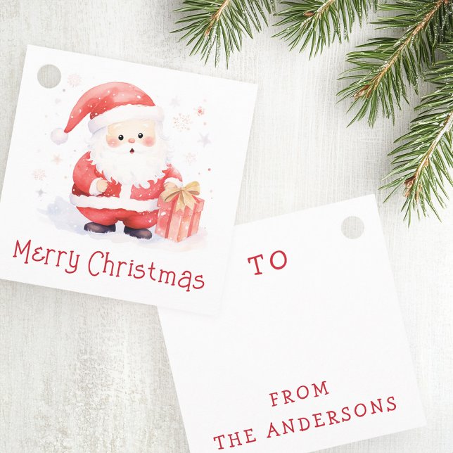 Étiquettes Cadeau Image d'aquarelle Père Noël jolie Joyeux Noël (Cute Santa watercolor illustration Merry Christmas Favor Tags)