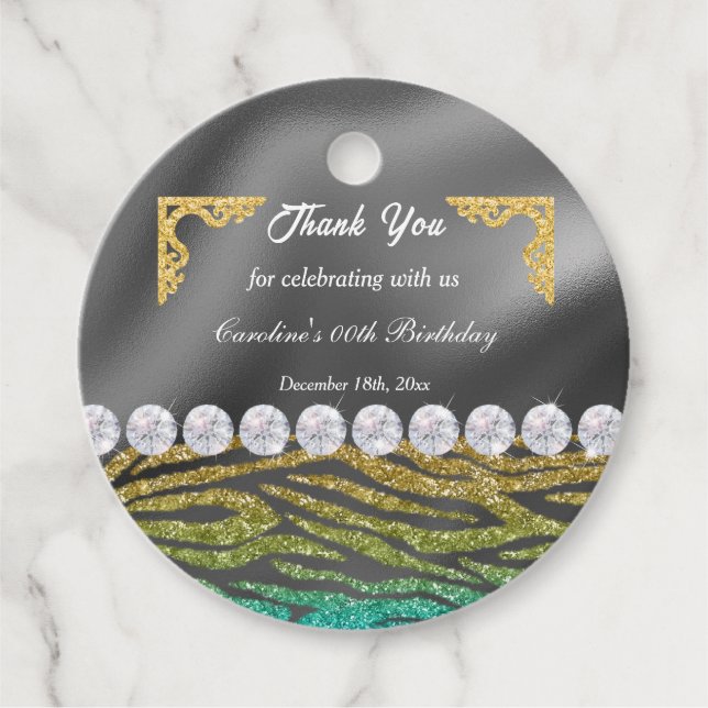 Étiquettes Cadeau Impression Turquoise Zebra et huile d'argent en or (Devant)