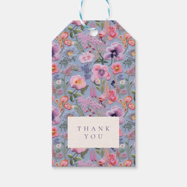 Étiquettes-cadeau Initiales de Mariage floral brodées Merci (Devant)