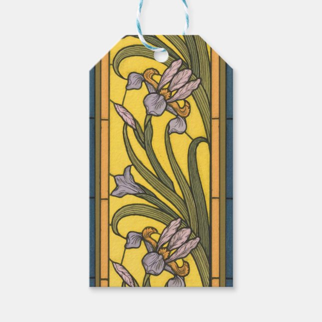 Étiquettes-cadeau Iris Fleur Art Nouveau Vitrail Bleu Or (Devant)