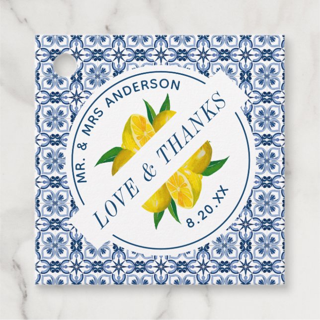 Étiquettes Cadeau Italien Carrelage bleu citron mariage Favoriser (Devant)