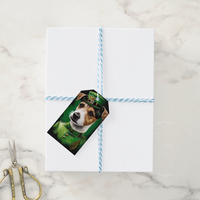 Étiquettes-cadeau Jack Russell Chien en robe de fête St. Patrick (Avec de laficelle)