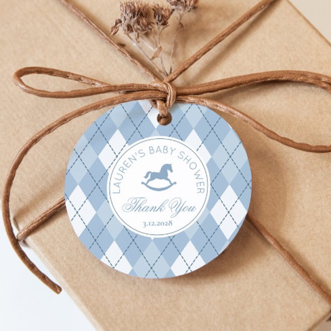 Étiquettes Cadeau Jacquard classique Rocking Horse Baby shower bleu (Créateur téléchargé)