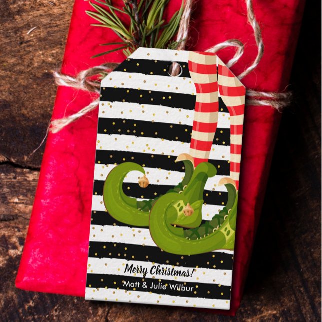 Étiquettes-cadeau Jambes elfes sur bandes noires et blanches (Créateur téléchargé)