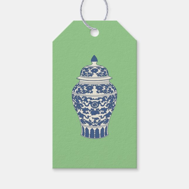 Étiquettes-cadeau Jar de gingembre bleu et blanc (Devant)