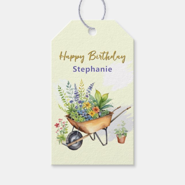 Étiquettes-cadeau Jardin Flambeaux avec fleurs Joyeux anniversaire (Devant)