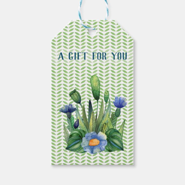 Étiquettes-cadeau Jardin Floral Bleu Et Vert (Devant)