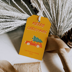 Étiquettes-cadeau Jaune de la main tiré voiture rouge arbre Noël Fun