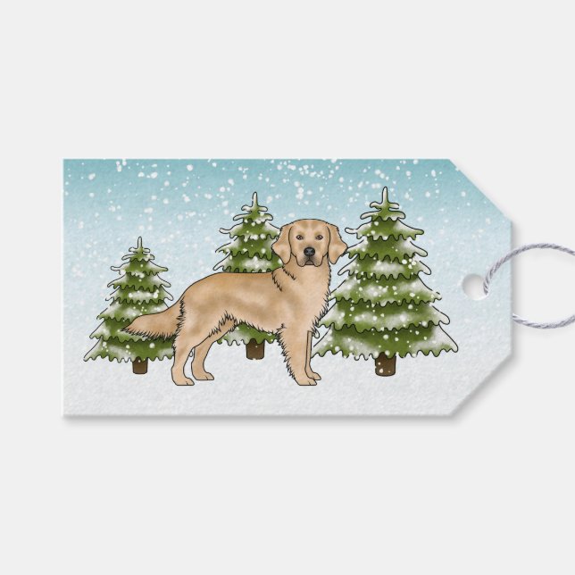 Étiquettes-cadeau Jaune Golden Retriever Chien Bleu neige Noël (Devant (Horizontal))