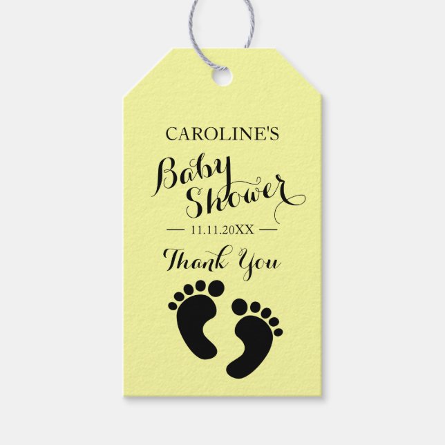 Étiquettes-cadeau JAUNE Personnalisée Pieds bébé GARÇON FILLE Douche (Devant)