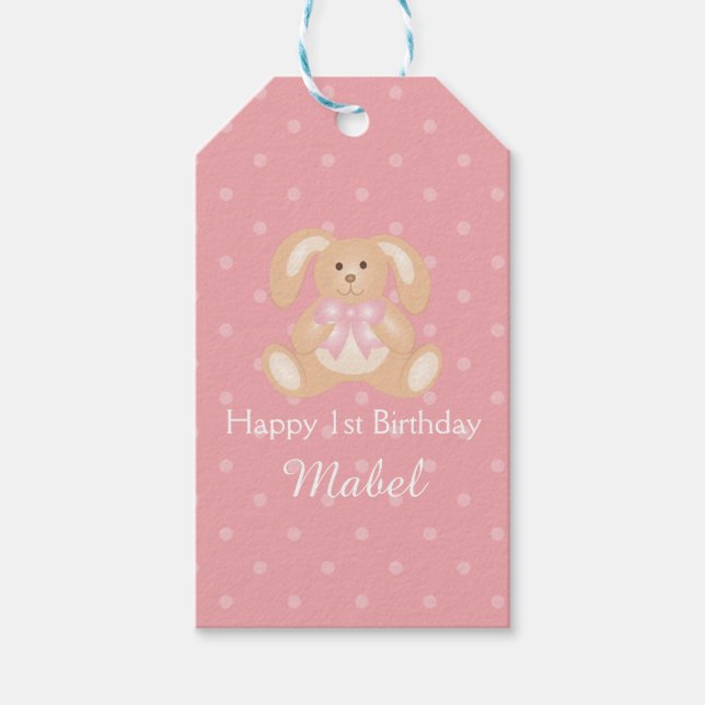 Étiquettes-cadeau Jeu d'Anniversaire de lapin à ruban rose mignonne (Devant)