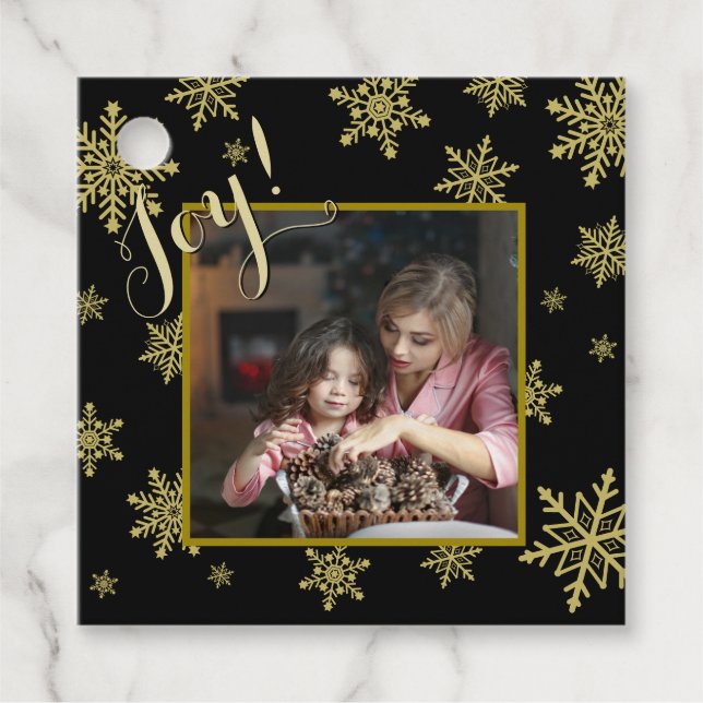 Étiquettes Cadeau Joie ! Élégant Black & Gold Snowflakes Photo de va (Devant)
