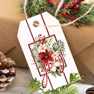 Étiquettes-cadeau Joie Élégante Rouge Flore de Noël