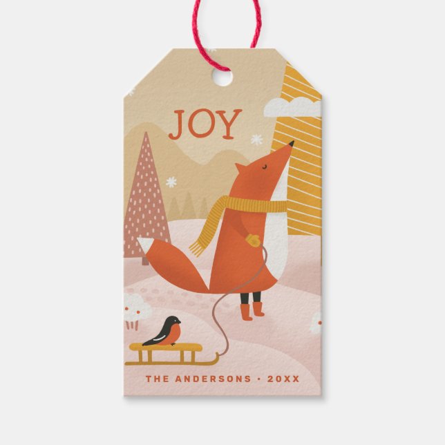 Étiquettes-cadeau Joie. Joli animal de renard hivernal Noël (Devant)